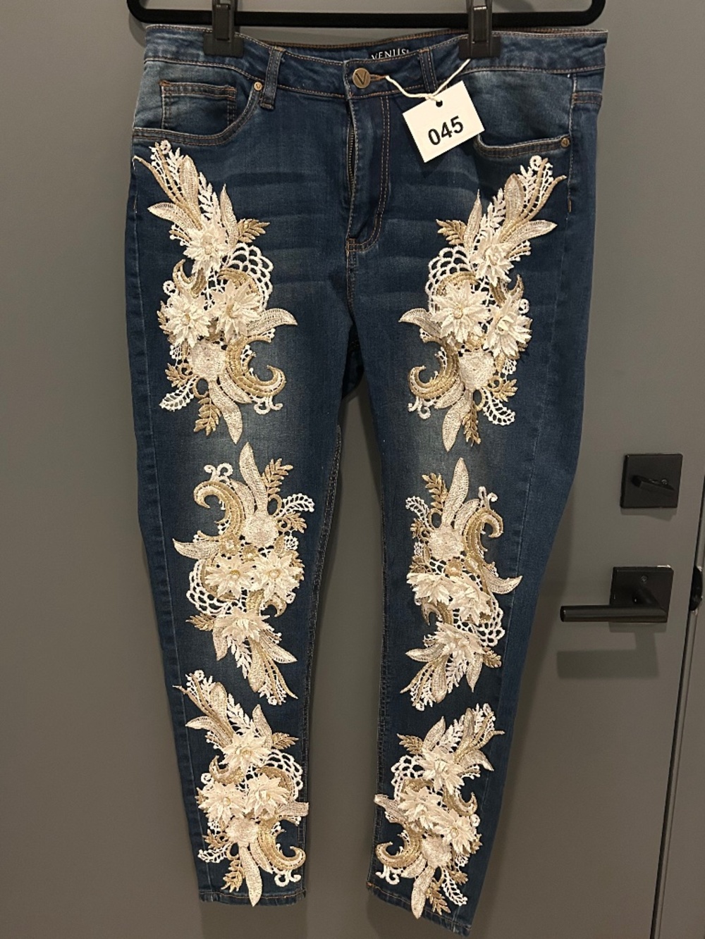 White and Gold Floral Decorated Jeans